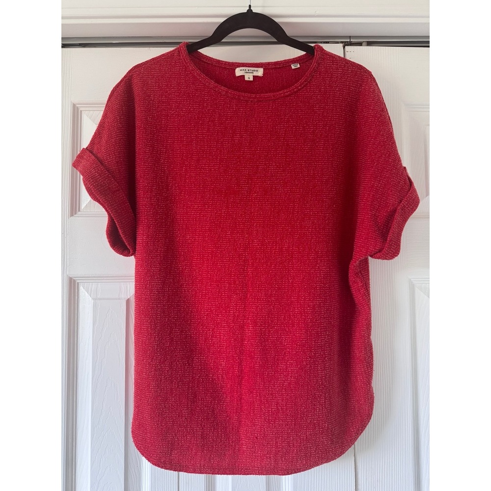 Max Studio London Red Textured Short Sleeve Knit Top | Size Small